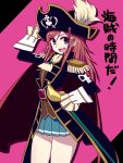  :d belt blue_eyes cape chan_co cravat epaulettes hair_ornament hairclip hand_on_hat hand_on_hip hat highres hips katou_marika long_hair miniskirt_pirates open_mouth pirate pirate_hat pleated_skirt rapier red_hair redhead skirt smile solo sword weapon 