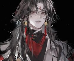  1boy bishounen black_background black_hair black_hanfu chinese_clothes curtained_hair earrings facial_mark forehead_mark hanfu high_collar highres jewelry kkuekkue_(chifer1958) long_hair looking_at_viewer luo_binghe male_focus pale_skin parted_bangs parted_lips red_eyes renzha_fanpai_zijiu_xitong simple_background smile solo tassel tassel_earrings wolf_cut zuiyin 