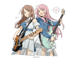  2girls :d bang_dream! bang_dream!_it's_mygo!!!!! blue_eyes blue_shirt blush brown_hair chihaya_anon dress ear_blush electric_guitar esp_guitars fang grey_eyes guitar happy highres instrument long_hair looking_at_another multiple_girls music nagasaki_soyo pink_hair playing_bass_guitar playing_guitar playing_instrument shirt skirt smile speech_bubble uzr_akira white_background white_dress white_shirt 