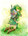  1girl age_difference belt boots closed_eyes eyes_closed funetail green green_hair hairband hat height_difference hug kneeling link nintendo ocarina_of_time pointy_ears saria sheath sheathed shield standing sword the_legend_of_zelda traditional_media weapon 