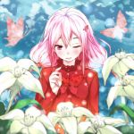  amatsuki_hotaru butterfly flower guilty_crown highres pink_hair red_eyes tears wink yuzuriha_inori 