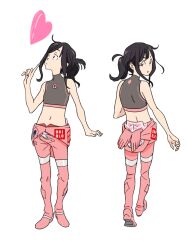  2girls anime_coloring back black_hair breasts brown_eyes chikyuugai_shounen_shoujo child closed_mouth collared_shirt from_behind full_body grey_shirt hand_up highres index_finger_raised jumpsuit looking_at_viewer looking_back looking_up multiple_girls multiple_views navel official_art open_mouth parted_lips pink_jumpsuit pointing pointing_up ponytail shirt sidelocks simple_background sleeveless sleeveless_shirt small_breasts spacesuit standing transparent_background yoshida_ken&#039;ichi 