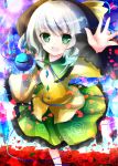  :d azumamutuki dress flower green_eyes hat highres komeiji_koishi open_mouth petals red_rose rose silver_hair smile solo third_eye touhou wind 