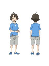  2boys ahoge anime_coloring back blue_shirt blue_shoes brown_eyes brown_hair chikyuugai_shounen_shoujo child collared_shirt from_behind full_body glasses grey_shorts hands_up highres looking_at_viewer multiple_boys multiple_views official_art open_mouth shirt shoes short_hair short_sleeves shorts simple_background standing tanegashima_hiroshi transparent_background yoshida_ken&#039;ichi 