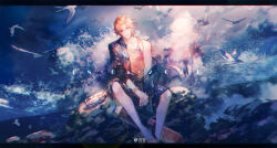  1boy ;d bangs_pinned_back bird black_border blonde_hair blue_eyes blue_jacket blue_shorts border bracer chinese_commentary collarbone dated day eyewear_hang feet_out_of_frame floral_print hair_ornament hairclip head_tilt highres jacket lars_rorschach letterboxed looking_at_viewer lovebrush_chronicles male_focus ocean official_alternate_costume on_rock one_eye_closed orange_tank_top outdoors own_hands_together print_jacket print_shorts sandals seagull ship_in_a_bottle short_hair shorts single_bare_shoulder single_off_shoulder sinko123 sitting smile solo straight-on sunglasses tank_top teeth three-quarter_sleeves unworn_eyewear upper_teeth_only waves 