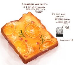  bread bread_slice english_text food food_focus food_print from_above fruit_print highres himochuu no_humans orange_print original painterly powdered_sugar screenshot_inset 