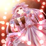  book bow character_name dress hair_bow hat highres holding holding_book koza long_hair open_book patchouli_knowledge purple_eyes purple_hair solo striped striped_dress touhou vertical_stripes violet_eyes 