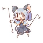 1girl animal_ears bad_id blue_hair capelet chibi dress holding koza mouse_ears nazrin open_mouth simple_background solid_circle_eyes solid_oval_eyes solo touhou white_background 
