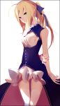  adapted_costume ahoge bare_shoulders blonde_hair dress fate/stay_night fate_(series) green_eyes hair_ribbon highres ludwig_mayer ribbon saber solo 