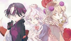  3girls black_gloves black_hair blonde_hair cranberry_(mahoiku) dress flower forest_musician_cranberry_gaiden:_magical_girl_raising_project_unripe_duet fox_tail frilled_dress frills fur_hat gloves hat highres leaf_ornament long_hair magical_girl mahou_shoujo_ikusei_keikaku maruino miiya_octave multiple_girls open_mouth orange_eyes plant purple_flower purple_rose red_flower red_rose rose short_hair smile tail theremin_doll vines violet_eyes white_hair 