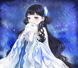  1girl animal_print bird bird_print black_hair blue_eyes blue_theme bracelet chinese_clothes commentary covered_mouth crane_(animal) double_bun earrings eyelashes feather_hair_ornament feathers fingernails frilled_sleeves frills hair_bun hair_ornament hand_fan hanfu hino_(8) holding holding_fan jewelry lonely_valentine's_night_(miracle_nikki) long_hair long_sleeves miracle_nikki night night_sky nikki_(series) outdoors pink_nails ring sidelocks signature sky solo star_(sky) starry_sky tuanshan upper_body very_long_hair wavy_hair white_hanfu wide_sleeves 