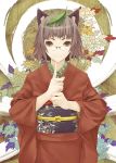  animal_ears bust futatsuiwa_mamizou glasses japanese_clothes kanden kimono leaf leaf_on_head obi raccoon_ears solo touhou 
