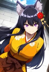  1girl ai-generated animal_ear_fluff animal_ears black_hair breasts copyright_name delta_(kage_no_jitsuryokusha_ni_naritakute!) ettalia flower hair_flower hair_ornament highres japanese_clothes kage_no_jitsuryokusha_ni_naritakute! kimono long_hair looking_at_viewer solo violet_eyes 