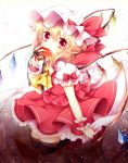 ascot blonde_hair blush eating feet_in_water flandre_scarlet hat mouth_hold red_eyes ribbon sanotsuki short_hair side_ponytail skirt soaking_feet solo the_embodiment_of_scarlet_devil touhou water wings wrist_cuffs 