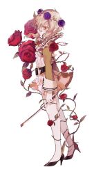  1girl belt blonde_hair bow_(music) cranberry_(mahoiku) dress flower forest_musician_cranberry_gaiden:_magical_girl_raising_project_unripe_duet frilled_dress frills highres holding holding_bow_(music) magical_girl mahou_shoujo_ikusei_keikaku official_art plant purple_flower purple_rose red_eyes red_flower red_rose rose short_hair vines white_background 