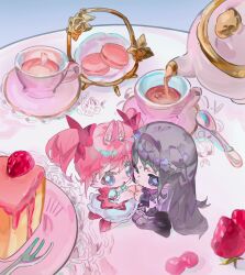  2girls akemi_homura animal_ear_fluff animal_ears annoyed argyle_clothes argyle_footwear bare_arms black_boots black_hair black_hairband black_skirt boots bow bow_choker bowtie bubble_skirt cake cake_slice capelet chibi choker circle_skirt commentary cup dog_ears dot_nose dress english_commentary extra_ears eyelashes floppy_ears food fork frilled_dress frilled_skirt frilled_sleeves frills fruit hair_bow hair_spread_out hairband happy heads_together highres holding_hands kaname_madoka kemonomimi_mode kneeling krabiccus layered_sleeves long_hair long_sleeves macaron magical_girl mahou_shoujo_madoka_magica mahou_shoujo_madoka_magica_(anime) mary_janes mini_person minigirl miniskirt multiple_girls no_gloves on_table one_eye_closed open_mouth pink_bow pink_choker pink_dress pink_eyes pink_hair pink_shoes pleated_skirt pouring puffy_short_sleeves puffy_sleeves purple_bow purple_bowtie purple_capelet rabbit_ears raspberry saucer shoes short_dress short_hair short_sleeves short_twintails skirt skirt_under_dress smile straight_hair strawberry table tea teacup teapot teaspoon thigh_boots twintails very_long_hair violet_eyes white_dress white_skirt white_sleeves 