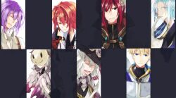  6+boys black_scarf black_shirt blacksmith_(ragnarok_online) blonde_hair blue_eyes blue_hair brown_hair closed_eyes closed_mouth grey_hair grey_scarf hair_between_eyes kagerou_(ragnarok_online) long_hair looking_at_viewer masked minstrel_(ragnarok_online) multiple_boys open_mouth orange_eyes orange_hair purple_hair ragnarok_online red_hair royal_guard_(ragnarok_online) scarf shadow_chaser_(ragnarok_online) shirt short_hair sleeves_past_fingers sleeves_past_wrists smile smiley_face soul_linker_(ragnarok_online) striped_clothes striped_scarf upper_body wane_(ruki) warlock_(ragnarok_online) white_shirt 