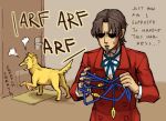  1boy animalization barking brown_hair dog door emlan english facial_hair fate/zero fate_(series) gilgamesh goatee leash shaded_face tangle tohsaka_tokiomi toosaka_tokiomi 