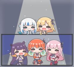  5girls ^_^ absurdres aqua_hair blonde_hair blue_hair blush_stickers closed_eyes fang gawr_gura grin hair_ribbon heart heart_hands highres hololive hololive_english hololive_idol_uniform_(color_rise) long_hair medium_hair mole mole_under_eye mori_calliope mpien multicolored_hair multiple_girls ninomae_ina&#039;nis official_alternate_costume open_mouth orange_hair pink_hair pointy_ears purple_hair ribbon skirt smile spotlight streaked_hair takanashi_kiara tentacle_hair two_side_up virtual_youtuber watson_amelia white_hair 