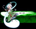  black_legwear blue_eyes blush hair_ribbon hairband highres katana konpaku_youmu konpaku_youmu_(ghost) open_mouth ribbon scabbard sheath shirt short_hair silver_hair skirt solo sword thigh-highs thighhighs touhou unsheathing vest weapon yuuzii yuuziu 