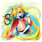  aqua_background bishoujo_senshi_sailor_moon blonde_hair blue_dress blue_eyes boots bow character_name choker double_bun dress gloves long_hair magical_girl nanami_(773) pleated_skirt ribbon sailor_collar sailor_moon sitting skirt smile solo tiara tsukino_usagi twintails 