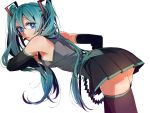  aqua_hair armpits ateka bare_shoulders bent_over blue_eyes boots breasts detached_sleeves hair_ribbon hatsune_miku headset long_hair looking_back ribbon sideboob skirt solo thigh-highs thigh_boots thighhighs twintails very_long_hair vocaloid zettai_ryouiki 