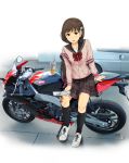  aprilia aprilla backpack bag bow brown_hair car cellphone cellphone_strap engine hair_ornament highres loafers mobile motor_vehicle motorcycle munakata_(hisahige) phone plastic_cup randoseru school_uniform shoes strap straw vehicle watch 