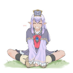  1girl ^_^ boots brown_boots closed_eyes copyright_name dark-skinned_female dark_skin double-parted_bangs elf elvaan final_fantasy final_fantasy_xi grass grin highres indian_style light_blush long_hair on_grass pointy_ears prishe purple_hair saku_ff11 sidelocks simple_background sitting smile white_background 
