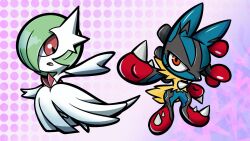  blue_fur chibi colored_skin dress elbow_gloves fuminani0215 furry gardevoir gloves green_hair hair_over_one_eye highres lucario mega_gardevoir mega_lucario mega_pokemon multicolored_fur pokemon pokemon_(creature) red_eyes white_dress white_gloves white_skin 