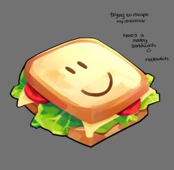  absurdres character-themed_food cheese english_text food food_focus grey_background highres himochuu lettuce no_humans painterly roblox sandwich simple_background sliced_cheese smiley_face tomato tomato_slice 