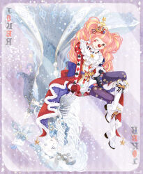  2girls argyle_background argyle_clothes argyle_dress aria_of_night_(miracle_nikki) asymmetrical_legwear back_bow black_bow blonde_hair blue_bow blue_pantyhose blunt_bangs boots bow brooch brown_eyes card clown clown_nose crown dress facial_tattoo footwear_bow full_body fur-trimmed_dress fur_trim hair_bow happy hat_ornament highres hino_(8) invisible_chair jewelry joker_(playing_card) joker_and_magic_card_(miracle_nikki) juliet_sleeves knee_boots knee_up light_particles long_dress long_hair long_sleeves looking_at_viewer mini_crown miracle_nikki mismatched_legwear multicolored_hair multiple_girls neck_ruff nikki_(series) one_eye_closed open_mouth orange_hair pantyhose playing_card puffy_sleeves purple_background purple_pantyhose red_bow red_dress single_stripe sitting smile solo_focus star_(symbol) star_brooch star_hat_ornament star_print star_tattoo streaked_hair striped_bow tattoo twintails two-sided_dress two-sided_fabric two-tone_bow two-tone_dress two-tone_hair upside-down white_boots white_dress 