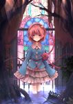  blush buttons curtains eyeball feet_in_water hairband heart komeiji_satori light_particles nanashina open_mouth pink_eyes pink_hair plant roots ruins short_hair skirt sleeves_past_wrists soaking_feet solo stained_glass sunlight third_eye touhou tree wading water window 