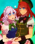  beret blue_eyes blurry bow braid frilled_sleeves hand_holding hat heart highres holding_hands hong_meiling izayoi_sakuya lavender_hair lgw7 long_hair maid maid_headdress multiple_girls red_hair redhead short_hair short_sleeves the_embodiment_of_scarlet_devil touhou twin_braids wrist_cuffs wristband 
