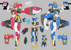  2girls arm_cannon arrow_(symbol) commentary_request hair_bun highres multiple_girls open_mouth original reference_sheet robot_girl ryuusei_(mark_ii) signature single_side_bun smile standing standing_on_one_leg twitter_username weapon 