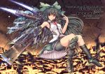  adapted_costume alternate_weapon alternate_wings arm_cannon armpits asymmetrical_clothes asymmetrical_clothing bare_shoulders bike_shorts black_hair black_legwear blue_fire bow breasts bullet_hole caution cross erect_nipples feet fire flame footwear hair_bow kanna211 kantarou_(nurumayutei) long_hair mechanical_wings mismatched_legwear molten_rock navel radiation_symbol red_eyes reiuji_utsuho single_shoe single_sock skirt smoke socks solo spark third_eye torn_clothes touhou weapon wings 