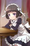  :&lt; apron bangs blunt_bangs blush bow braid brown_hair dress flower frilled_dress frills frown hair_bow leaning lowres maid maid_headdress mirror new_maid purple_eyes ribbon short_hair sitting solo sword_girls table violet_eyes yeong-in 