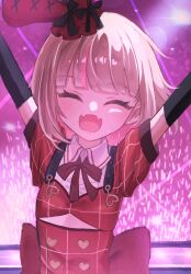  1girl arms_up back_bow black_bow black_gloves black_sleeve_cuffs blunt_bangs blush bob_cut bow bowtie buttons center_frills closed_eyes clothing_cutout collared_shirt colored_inner_hair dress elbow_gloves fangs flat_chest frills gloves glowstick grey_hair hat hat_bow heart heart_button heart_o-ring highres idol_clothes layered_dress makaino_ririmu medium_hair mini_hat multicolored_hair nijisanji o-ring official_alternate_costume official_alternate_hairstyle open_mouth outstretched_arms pink_hair plaid_clothes plaid_dress plaid_sleeves puffy_short_sleeves puffy_sleeves rabbit_ear_headwear red_bow red_bowtie red_dress red_eyes red_sleeves shirt short_sleeves shoulder_strap skin_fangs smile solo stage stage_lights streaked_hair underboob_cutout upper_body virtual_youtuber white_shirt yogiri_o410 