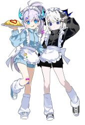  2girls :q ahoge akdrpawjqdma alternate_costume apron back_ribbon bandaid bandaid_on_leg black_track_suit blue_eyes blue_track_suit blush demon_girl demon_horns elsword expressionless food frilled_apron frills hair_ornament hair_ribbon hairclip hairpin hand_on_another&#039;s_back hand_up highres holding holding_plate horns jacket leg_up long_hair long_sleeves loose_socks luciela_r._sourcream maid maid_headdress multiple_girls multiple_hairpins nihilida_(elsword) omelet omurice pants pin plate pointy_ears ponytail purple_hair ribbon shorts smile smiley_face socks standing symbol-shaped_pupils timoria_(elsword) tongue tongue_out track_jacket track_pants track_suit unconventional_maid white_hair 