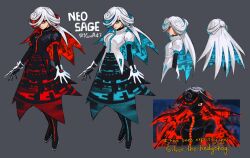  1girl absurdres aged_up alternate_costume alternate_hair_length alternate_hairstyle artist_name black_jacket black_skirt blue_hair character_name closed_mouth colored_inner_hair commentary empty_eyes english_commentary english_text frown full_body gloves glowing glowing_hair grey_background hair_over_one_eye highres jacket kornart long_hair multicolored_hair multiple_views puffy_short_sleeves puffy_sleeves red_eyes red_hair reference_sheet sage_(sonic) shaded_face short_sleeves simple_background skirt sonic_(series) twitter_username white_gloves white_hair white_jacket 