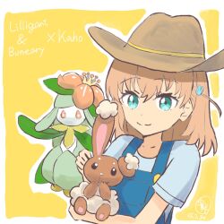  1girl aqua_eyes blue_overalls blue_shirt brown_hat buneary closed_mouth collarbone commentary_request cowboy_hat crossover hair_ornament hat hinoshita_kaho holding holding_pokemon lilligant link!_like!_love_live! looking_at_viewer love_live! medium_hair orange_hair outline overalls pokemon pokemon_(creature) rabbit_hair_ornament shirt smile split_mouth two_side_up ui_yukito white_outline 