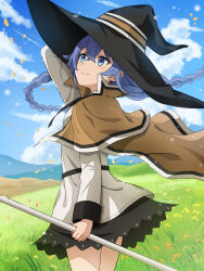  1girl akane_(akaneoekaki0928) black_hat black_skirt blue_eyes blue_hair braid brown_cape cape closed_mouth commentary floating_cape hat highres holding holding_staff long_hair long_sleeves low_twin_braids meadow miniskirt mushoku_tensei outdoors roxy_migurdia shirt skirt smile solo split_mouth staff standing twin_braids very_long_hair white_shirt witch_hat 