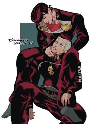 2boys anchor_symbol artist_name belt black_hair black_jacket black_pants brooch buttons closed_mouth collarbone collared_jacket crew_neck dated diamond_wa_kudakenai dollar_sign full_body gakuran grey_hair hand_on_another&#039;s_chin heart higashikata_josuke highres invisible_chair jacket jewelry jojo_no_kimyou_na_bouken long_sleeves looking_at_another looking_up male_focus multicolored_hair multiple_belts multiple_boys nijimura_okuyasu pants parted_lips partially_unbuttoned peace_symbol pompadour popped_collar red_shirt school_uniform shirt short_hair short_sideburns sitting smile striped_belt teeth tirauraja two-tone_hair white_background 