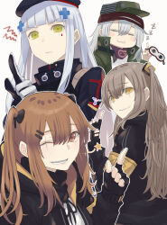  404_(girls'_frontline) 404_logo_(girls'_frontline) 4girls :3 armband asakiri_koko bandana black_bandana black_bow black_gloves black_hat black_jacket blue_hair blunt_bangs blush_stickers bow closed_eyes double-parted_bangs fingerless_gloves g11_(girls'_frontline) girls_frontline gloves green_eyes green_hat green_jacket grey_hair hair_bow hairband hat highres hk416_(girls'_frontline) index_finger_raised jacket long_hair multicolored_hair multiple_girls neck_ribbon one_eye_closed one_side_up open_clothes open_jacket open_mouth outline plus_sign red_eyes red_hairband ribbon scar scar_across_eye scar_on_face shirt sidelocks smile tattoo teardrop_tattoo teeth twintails two-tone_hair ump45_(girls'_frontline) ump9_(girls'_frontline) white_background white_gloves white_outline white_shirt yellow_armband yellow_eyes zzz 