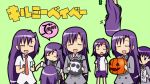  blush_stickers bomb braid closed_eyes eyes_closed goshiki_agiri jack-o&#039;-lantern jack-o'-lantern kill_me_baby littkey long_hair multiple_girls necktie open_mouth purple_hair school_uniform shorts skirt smile 