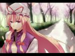  blonde_hair blurry blush bow bust cherry_blossoms closed_fan dress fan floating_hair folding_fan hair_bow hair_ribbon hat kessakudaze letterboxed long_hair looking_away petals purple_eyes ribbon smile solo street touhou tree tress_ribbon violet_eyes yakumo_yukari 