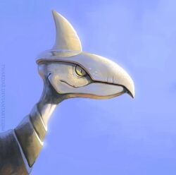  animal_focus bird bloom blue_sky closed_mouth commentary deviantart_username english_commentary from_side no_humans outdoors pokemon pokemon_(creature) portrait realistic skarmory sky slit_pupils solo twarda8 yellow_eyes 