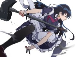 1girl apron arato_nagi black_dress black_hair black_pantyhose blue_eyes commentary_request dress earrings feet_out_of_frame fighting_stance from_side ha_shi_ri hammer heart heart_earrings highres holding holding_hammer holding_nail jewelry leaning_forward long_hair maid maid_apron nail_(hardware) official_alternate_costume pantyhose profile ruri_no_houseki short_sleeves simple_background solo spread_legs standing war_hammer weapon white_background 