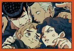  1girl 3boys anger_vein angry arm_around_shoulder arm_up black_hair black_jacket blonde_hair border brown_eyes closed_eyes closed_mouth commentary_request diamond_wa_kudakenai facial_mark fingernails grey_hair highres hirose_koichi jacket jojo_no_kimyou_na_bouken looking_at_another looking_down multicolored_hair multiple_boys nail_polish open_mouth pompadour red_border red_nails smile teeth tirauraja two-tone_hair upper_teeth_only violet_eyes wavy_hair yamagishi_yukako 