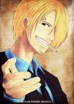  black_eyes black_hair blonde_hair blue_shirt cigarette dated formal grin hair_over_one_eye kei-suwabe looking_at_viewer male necktie one_piece sanji smile smoking solo suit 