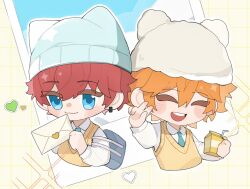  2boys akehoshi_subaru amagi_hiiro animal_ear_headwear aqua_necktie bag beanie blue_eyes blush_stickers carton chibi chibi_only closed_eyes closed_mouth ensemble_stars! hair_between_eyes hat holding holding_carton holding_letter letter long_sleeves love_letter male_focus multiple_boys necktie open_mouth orange_hair red_hair short_hair shoulder_bag smile sweater_vest teeth upper_body upper_teeth_only v yellow_sweater_vest yyq1919 